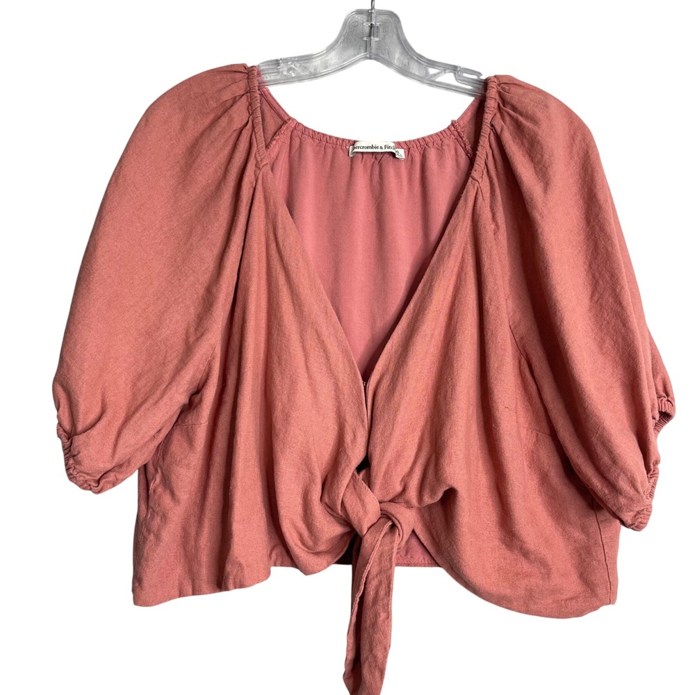 Abercrombie & Fitch Linen Blend‎ Tie Front Top Womens XL Rust Crop Puff